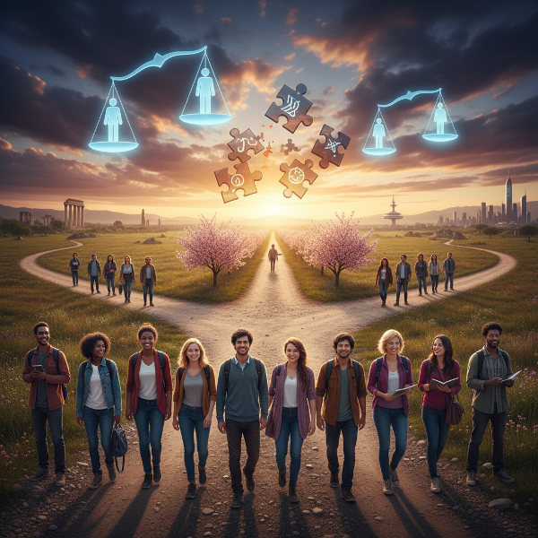 Изображение на кръстопът с хора, избиращи между общ път и индивидуални направления, с символи на баланс и съпричастност.