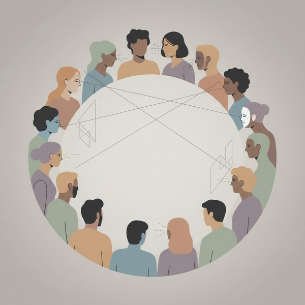Илюстрация на разнообразна група хора в кръг, символизираща социални нагласи и предразсъдъци.
