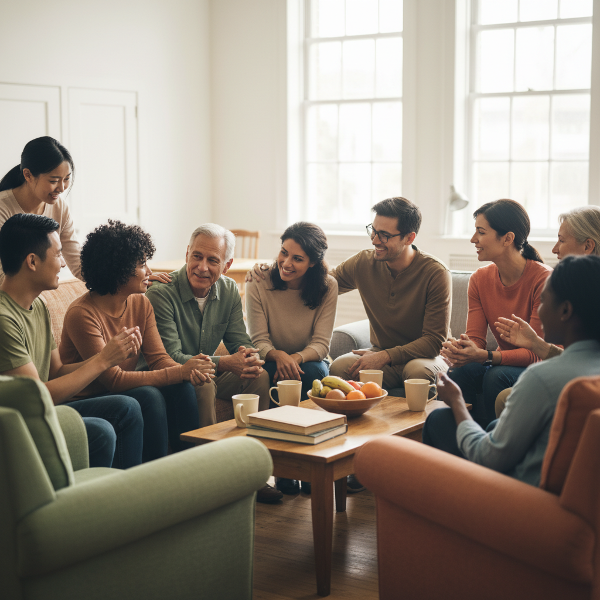 Изображение на разнообразна група хора, които се подкрепят и разбират взаимно в топла и приобщаваща социална среда.