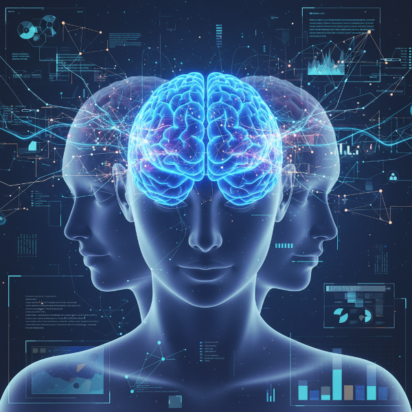 Изображение на човек с светещ мозък, обграден от абстрактни социални връзки и невербални сигнали, в стил на модерен цифров интерфейс.