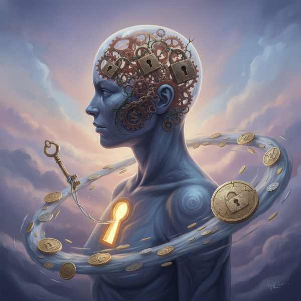 Символично изображение на подсъзнателни финансови блокове: човек с прозрачна глава, разкриваща механизми и ключалки, заобиколен от пари и ключалка във форма на долар.