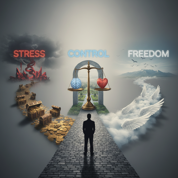 Символично изображение на човек на кръстопът, с три пътя, представляващи различни отношения към парите: стрес, контрол и свобода.