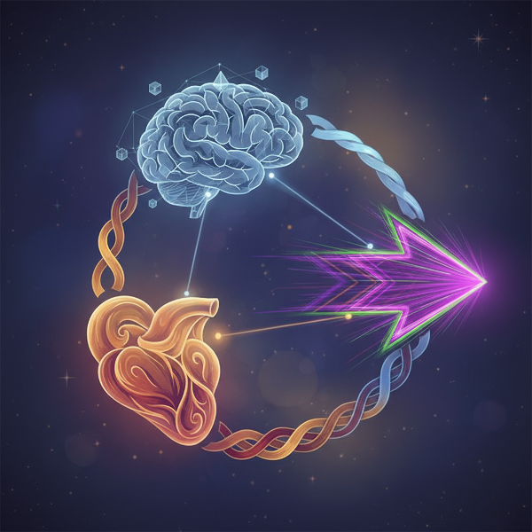 Илюстрация на три взаимосвързани символа, представляващи аналитична, емоционална и активна психическа енергия в хармоничен цикъл.