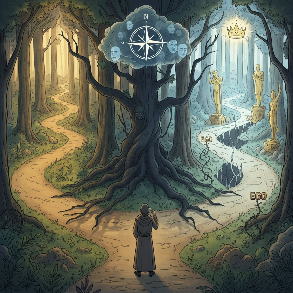 Три пътеки в гора, символизиращи баланс, самоотричане и прекалено самоутвърждаване. Фигура на кръстопът.