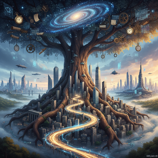 Изображение на древни корени, прерастващи в съвременен град, с път към футуристичен хоризонт, символизиращо връзката между минало, настояще и бъдеще.