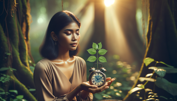 Човек в медитация, държащ часовник и цъфтящо растение, символизиращ баланс между управление на времето и емоционално развитие в спокойна природа.