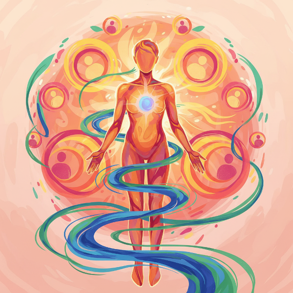 Илюстрация на балансирано благополучие: човек с вътрешна енергия, свързан с социални кръгове, адаптиращ се към промени, в хармонична и топла атмосфера.