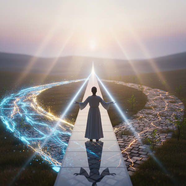 Изображение на човек на кръстопът с три пътя, символизиращи жизненост, ясен смисъл и възстановяване след стрес, в мека светлина.