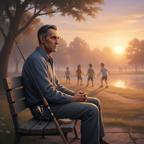 Уморен дядо на 61 години седи сам на пейка в парка при залез, гледайки деца надалеч, с неползван риболовен прът до него.