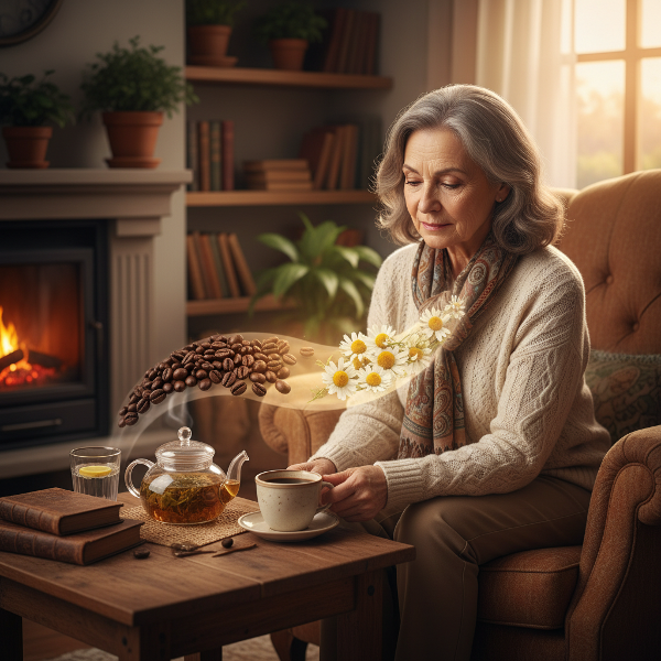 Илюстрация на 61-годишна жена в уютен дом, размишляваща пред чаша кафе, заобиколена от по-здравословни алтернативи като билков чай и вода, символизираща прехода към по-балансиран начин на живот.