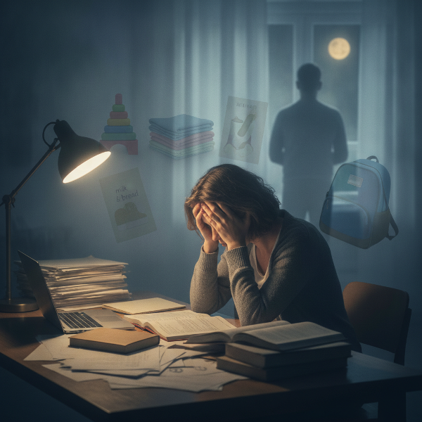 Жена учител седи уморена на бюрото си през нощта, сред книги и документи, с призрачни образи на семейните задължения около нея, символизиращи изтощение и прегаряне.