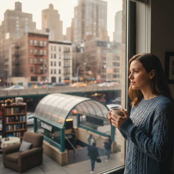 Жена гледа замислено през прозореца към градски пейзаж, докато се бори с тревога след травматичен инцидент в метрото.