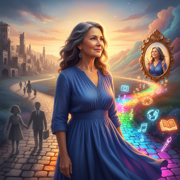 Жена на кръстопът между избледнели силуети на ролите си и път, осветен от самопознание и нови възможности.