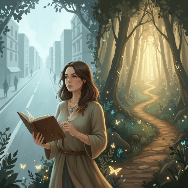 Млада жена на кръстопът между ясен социален път и мистериозен път за самооткриване, държейки дневник за размисъл.