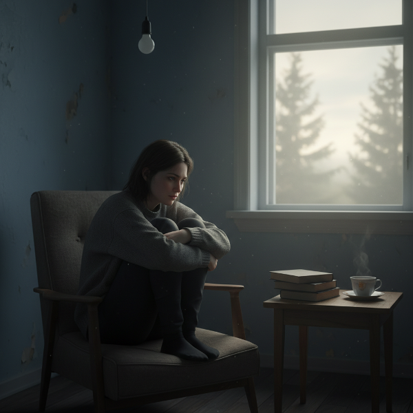 Жена в стая с мека светлина, изразяваща умора и празнота, но с проблясък на надежда през прозореца.