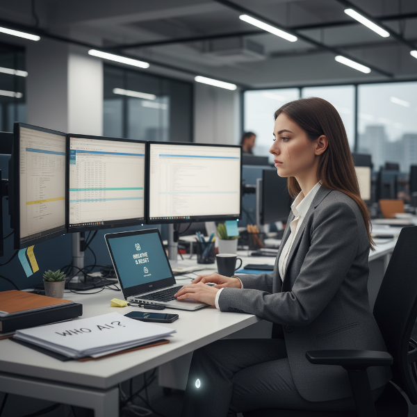 Жена в офис се чувства изгубена в собствения си живот, работеща на автопилот, търсеща връзка със себе си.