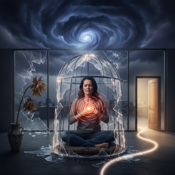 Жена се чувства затворена в капан, докато се бори с панически атаки след загуба на работа и сериозна болест на майка си, опитвайки се да намери спокойствие.