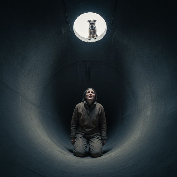 Жена в бетонен колод, изпитваща емоционална празнота и отчуждение, докато нейното куче я гледа отгоре.