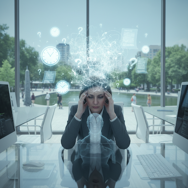 Жена мениджър в офис, обзета от стрес и усещане за празнота, илюстрирана с плаващи задачи и символ на автоматичност.
