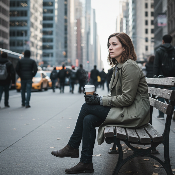 Жена седи сама на пейка в градски парк, наблюдавайки хората с чувство на отчуждение, докато държи чаша кафе.
