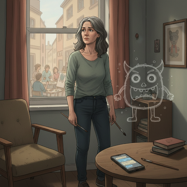 Жена в малко жилище се бори с самота и социална тревожност, докато се опитва да намери връзка чрез изкуство и малки стъпки.