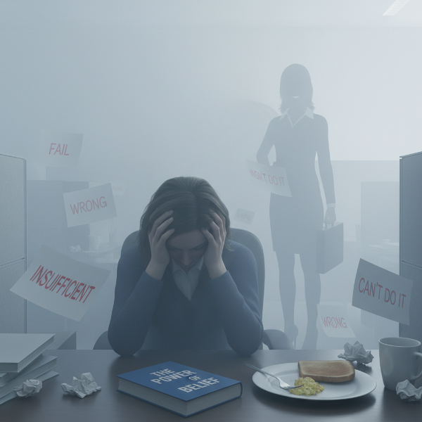 Жена се чувства загубена в мъгла от съмнение в офиса, заобиколена от критика, докато силует на нейната минала уверена себе си избледнява зад нея.