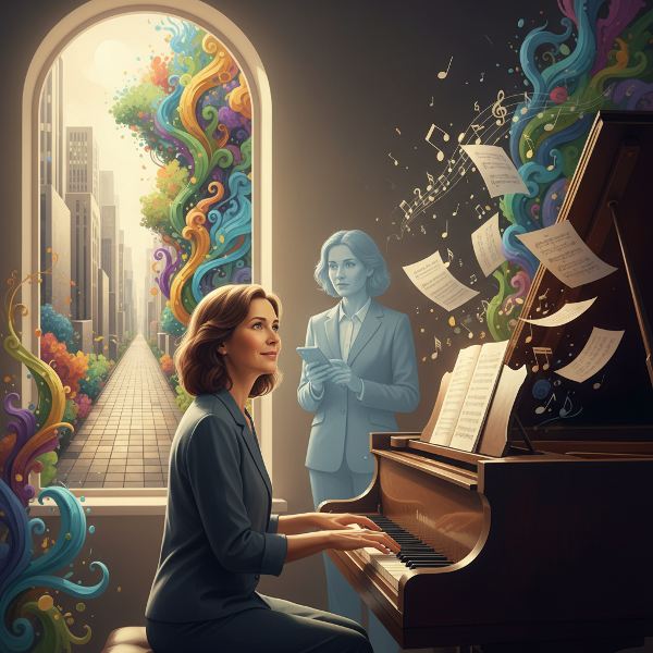 Жена на средна възраст пред пиано, докато нейният стар, структуриран живот избледнява зад нея, символизирайки прехода от предвидимост към самооткриване.