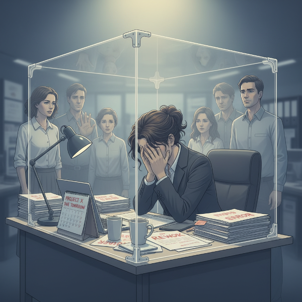 Жена, обградена от прозрачна кафез в офис, символизираща чувството на капан от професионално изгаряне и стрес, докато фигури на семейство и колеги гледат отвън.