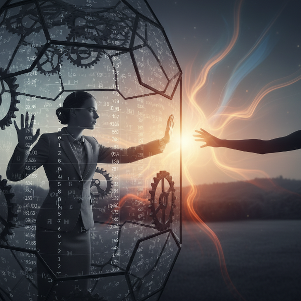 Жена, затворена в клетка от зъбни колела и електронни таблици, се простиря към топла, жива светлина, символизираща желанието за спонтанност и връзка.