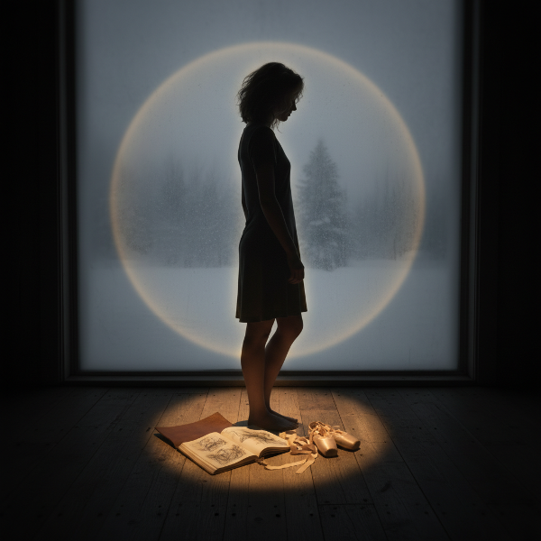 Млада жена стои несигурно на ръба на светлината, с мрачен зимен прозорец на заден план, докато творческа светлина от нейните артистични принадлежности символизира надежда.