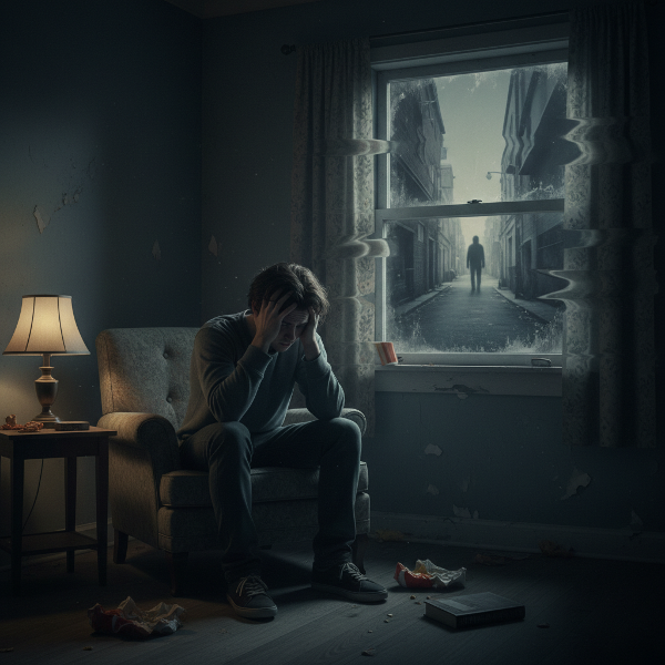 Млад мъж в полумрачна стая, обзет от тревога и спомени за травматично нападение, докато призрачен образ от миналото се прокрадва през прозореца.