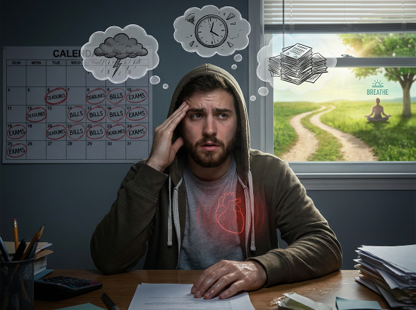 Млад мъж изпитващ физически симптоми на тревожност - бързо сърцебиене и изпотяване, докато мислите му показват негативни сценарии. На заден план се вижда претоварване от отговорности и път към спокойствие чрез техники за дишане.