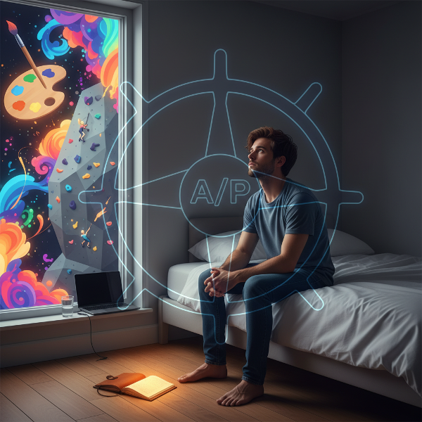 Млад мъж в полумрачна стая гледа празно в тавана, докато яркият свят на хобитата му изглежда отдалечен. Намек за светлина предлага възможност за повторна връзка.