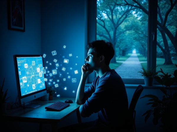 Млад мъж, обгърнат от цифров шум в тъмна стая, се замисля дълбоко, докато през прозореца се вижда спокоен парк, символизиращ възможността за истинска връзка със себе си.