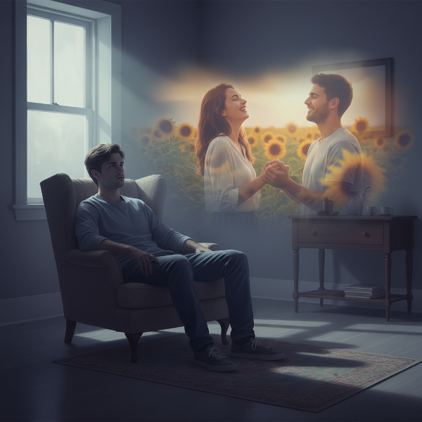 Млад мъж, който се чувства изгубен в охладнали отношения, докато топли спомени от миналото прозират като призрачен отблясък.