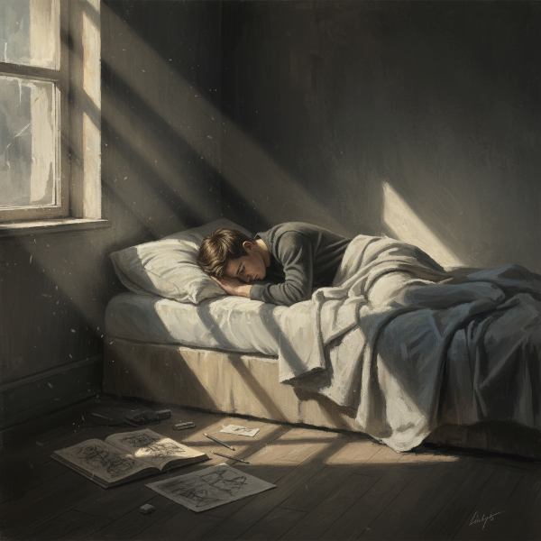 Млад мъж лежи на легло в тъмна стая, скицник на пода, лъчи светлина през прозореца, тежка атмосфера.