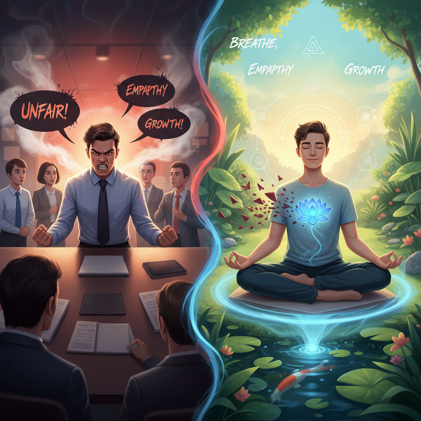 Млад мъж се бори с гняв в ежедневни ситуации, след което намира спокойствие чрез саморефлекция и състрадание към себе си.