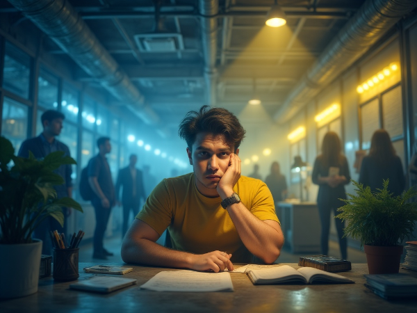 Млад мъж в офис среда, изпитващ натиск и неувереност, докато малки стъпки водят към по-организирано и уверено бъдеще.