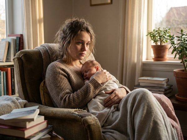 Млада майка в тиха стая държи спешно бебе, изразът й показва умора и сложни емоции, илюстрирайки прехода към майчинството.