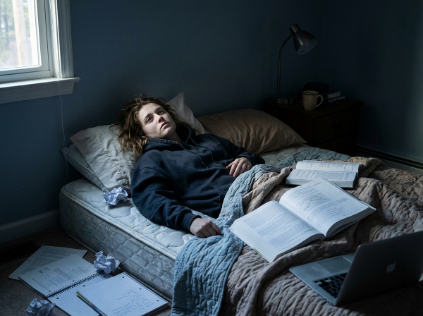Млада жена, легнала в легло, гледа тавана с апатичен израз, заобиколена от разпиляни учебници, символизиращи академичен стрес и перфекционизъм.