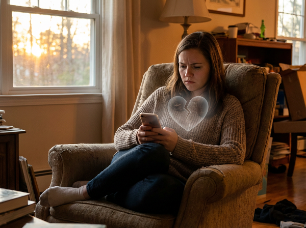 Млада жена се бори с вътрешна несигурност и страх от отхвърляне, докато размишлява пред прозорец с изгрев.