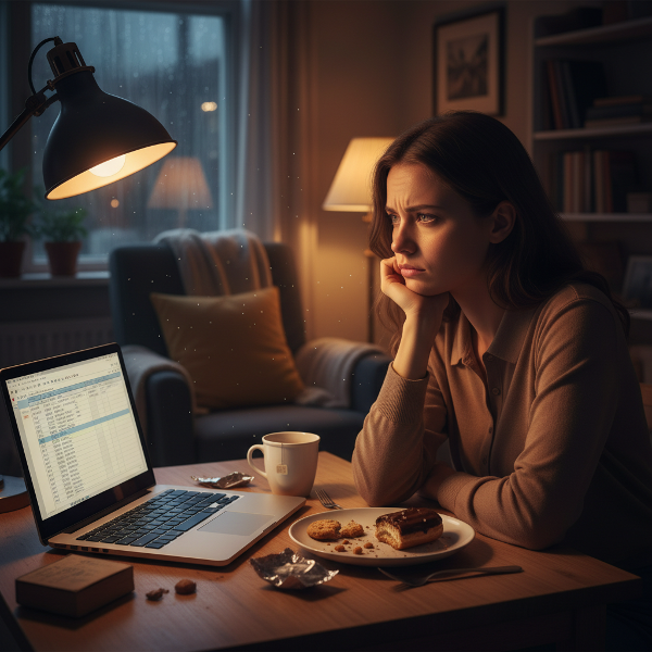 Млада жена се бори с емоционално преяждане вечер в самотна обстановка.