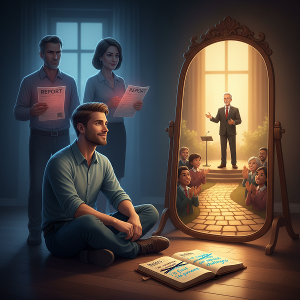 一位内向的32岁男性，在成长阴影与对未来的希望之间，通过自我反思和练习，逐步克服自卑与完美主义，走向自信的内心旅程。