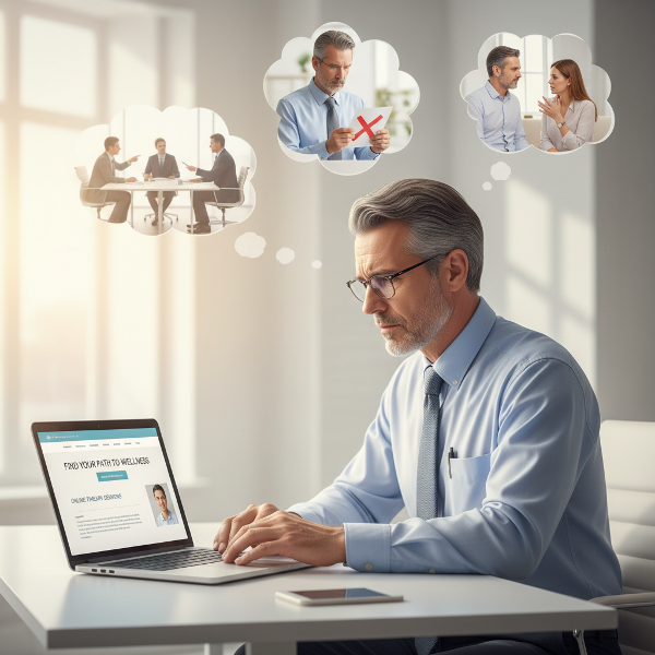 一位温和但追求完美的中年男性在办公室中，面对心理咨询网站，思考着工作焦虑、人际敏感与亲密关系中的自我怀疑，背景呈现其内心困扰的意象。