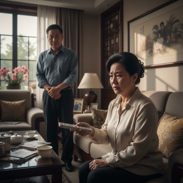 一位59岁女性在客厅里情绪失控后，表现出愤怒与内疚交织的复杂情感，她的丈夫在一旁关切地看着。画面传递出情绪波动、家庭紧张以及寻求内心平静的挣扎。