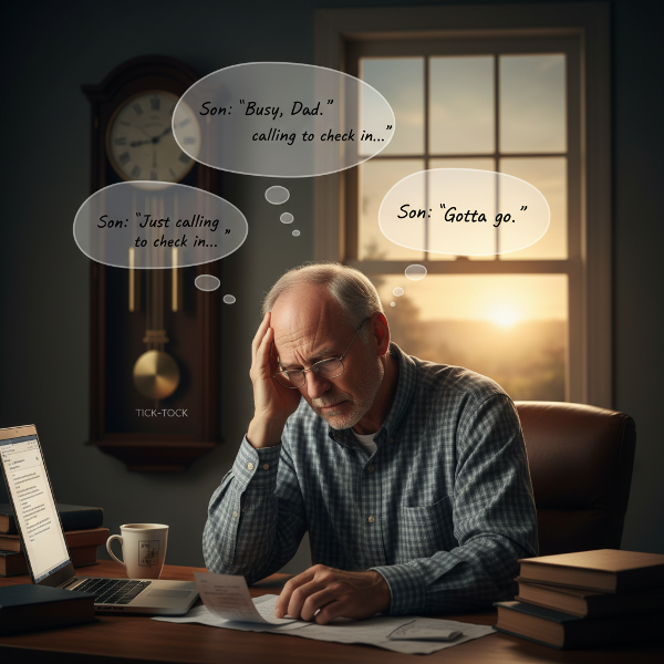 一位55岁的内向父亲在深夜书桌前，因与成年儿子通话后的强迫性思维而焦虑，脑海中回放对话，时钟指向深夜，象征困扰，但背景的暖光代表对健康父子关系的渴望。