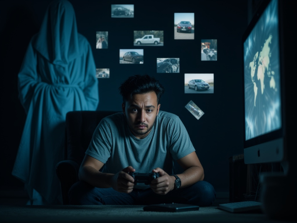 描绘一位27岁男性因目睹车祸后经历焦虑和失眠，在房间中试图通过游戏分散注意力，同时展现出寻求专业帮助的潜在希望。