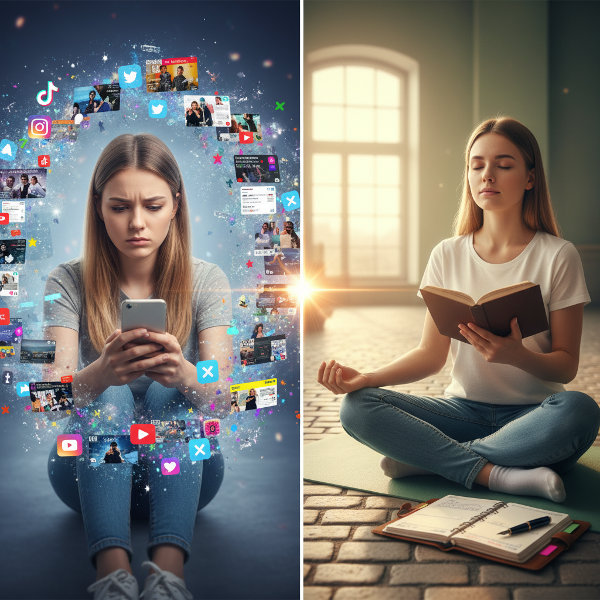 一位19岁外向的年轻女性，在数字世界的纷扰与寻求自控和情绪稳定的平静路径之间挣扎的对比画面。