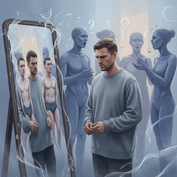 一位内向男性面对体重变化的镜子，背景有模糊人物争执，表现梦境中的自我认同焦虑与性别角色探索。