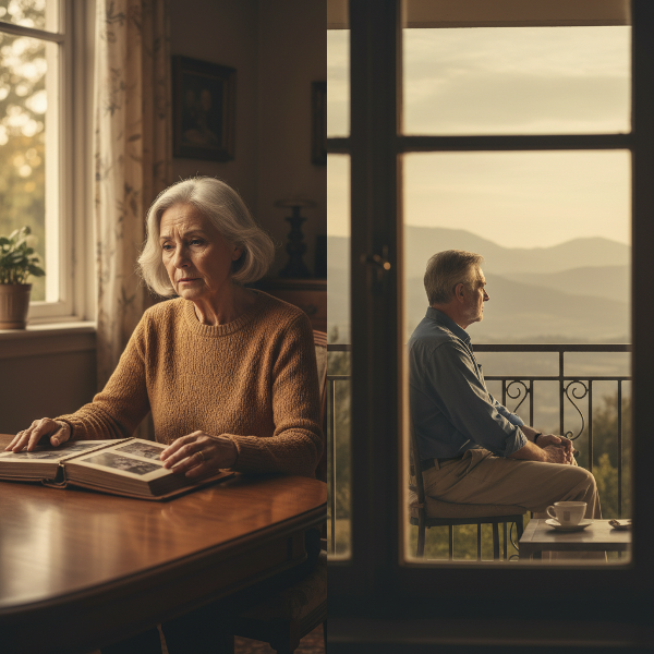 一对退休老夫妻在同一个家中，妻子在屋内翻看相册，丈夫独自在阳台上发呆，展现了长期婚姻中可能出现的疏离感。